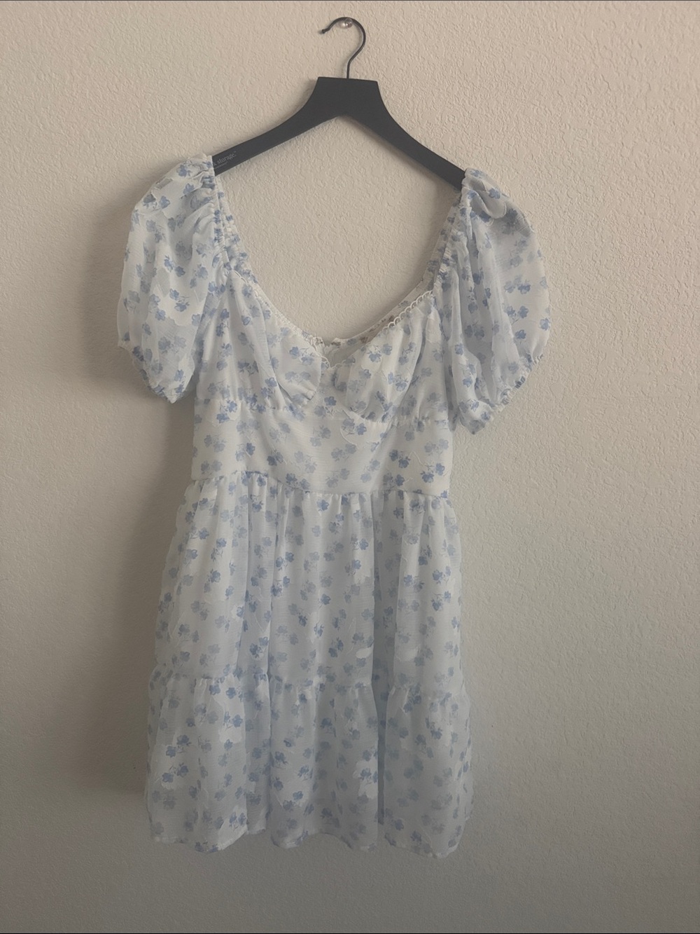 Altar'd State White and Light Blue Floral Puff-Sleeve Kids Dress